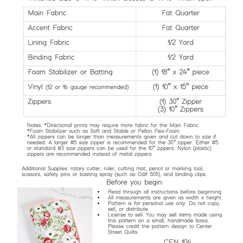 CENTER STREET QUILTS - Atlas Zipper Case Pattern CEN104