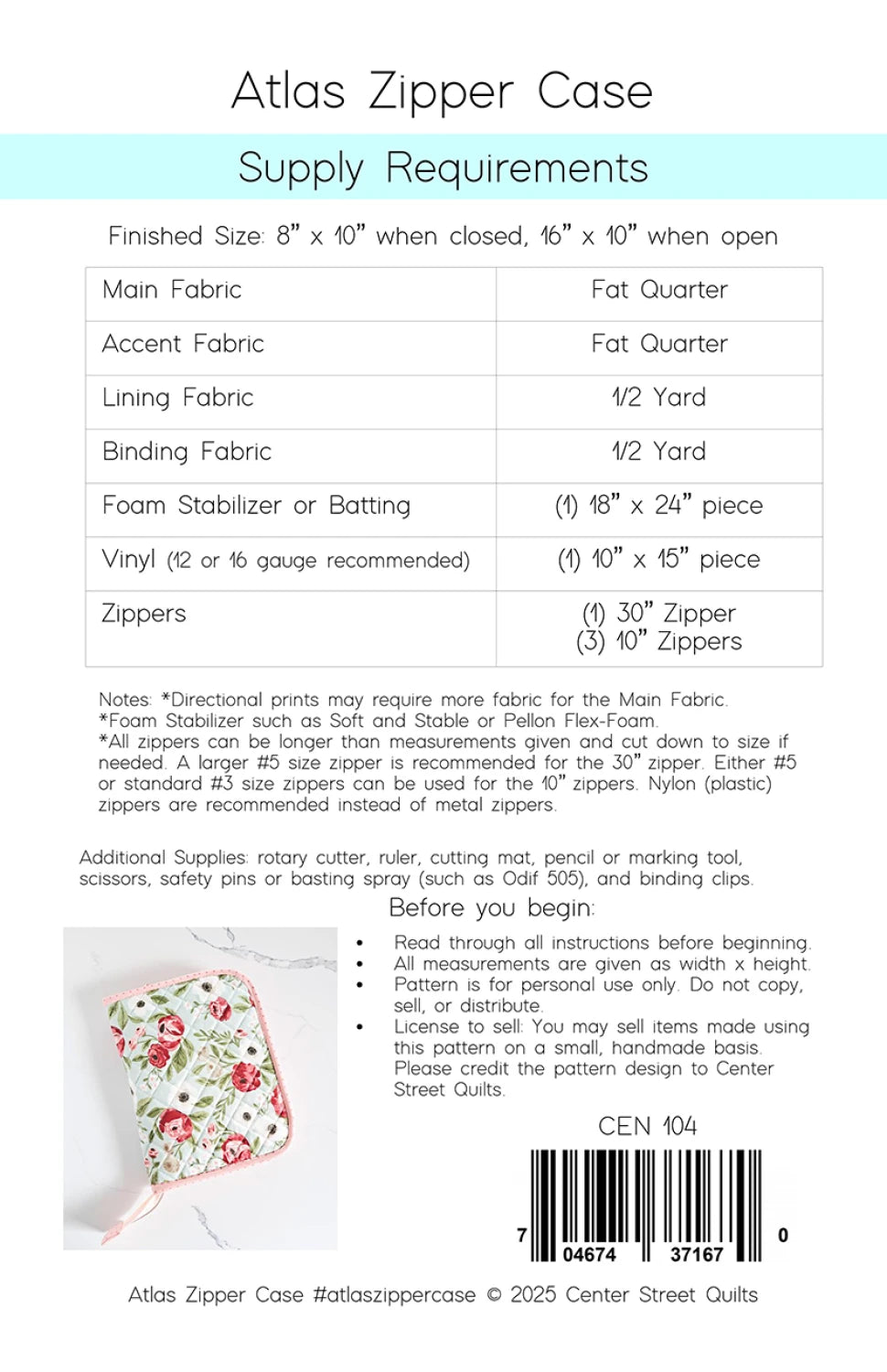 CENTER STREET QUILTS - Atlas Zipper Case Pattern CEN104