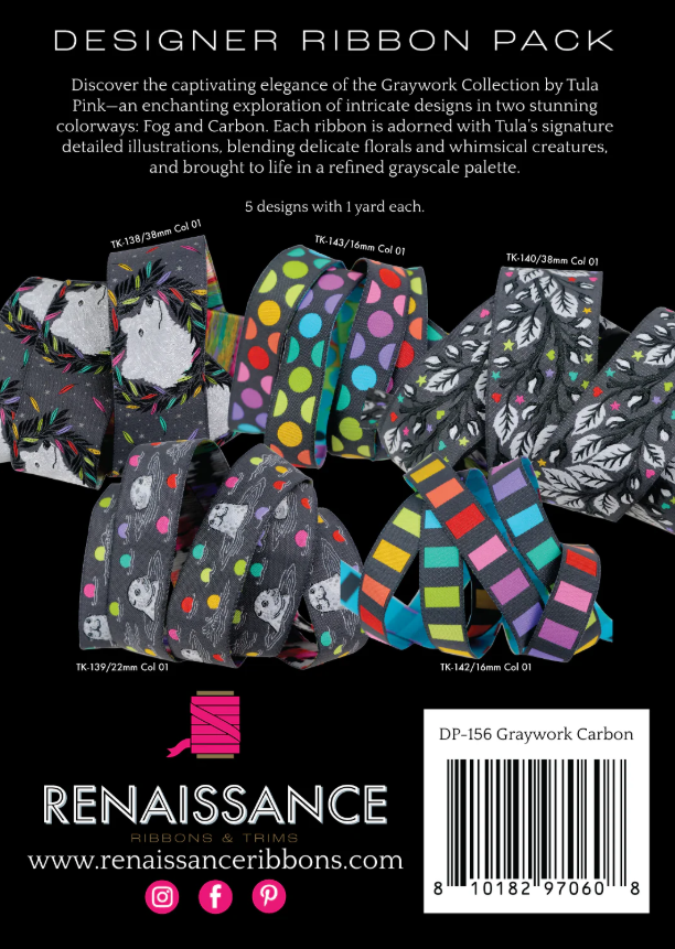 RENAISSANCE RIBBONS - Tula Pink - Graywork, Designer Pack DP-156 Graywork Carbon