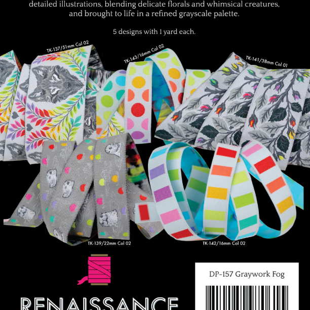 RENAISSANCE RIBBONS - Tula Pink - Graywork, Designer Pack DP-157 Graywork Fog