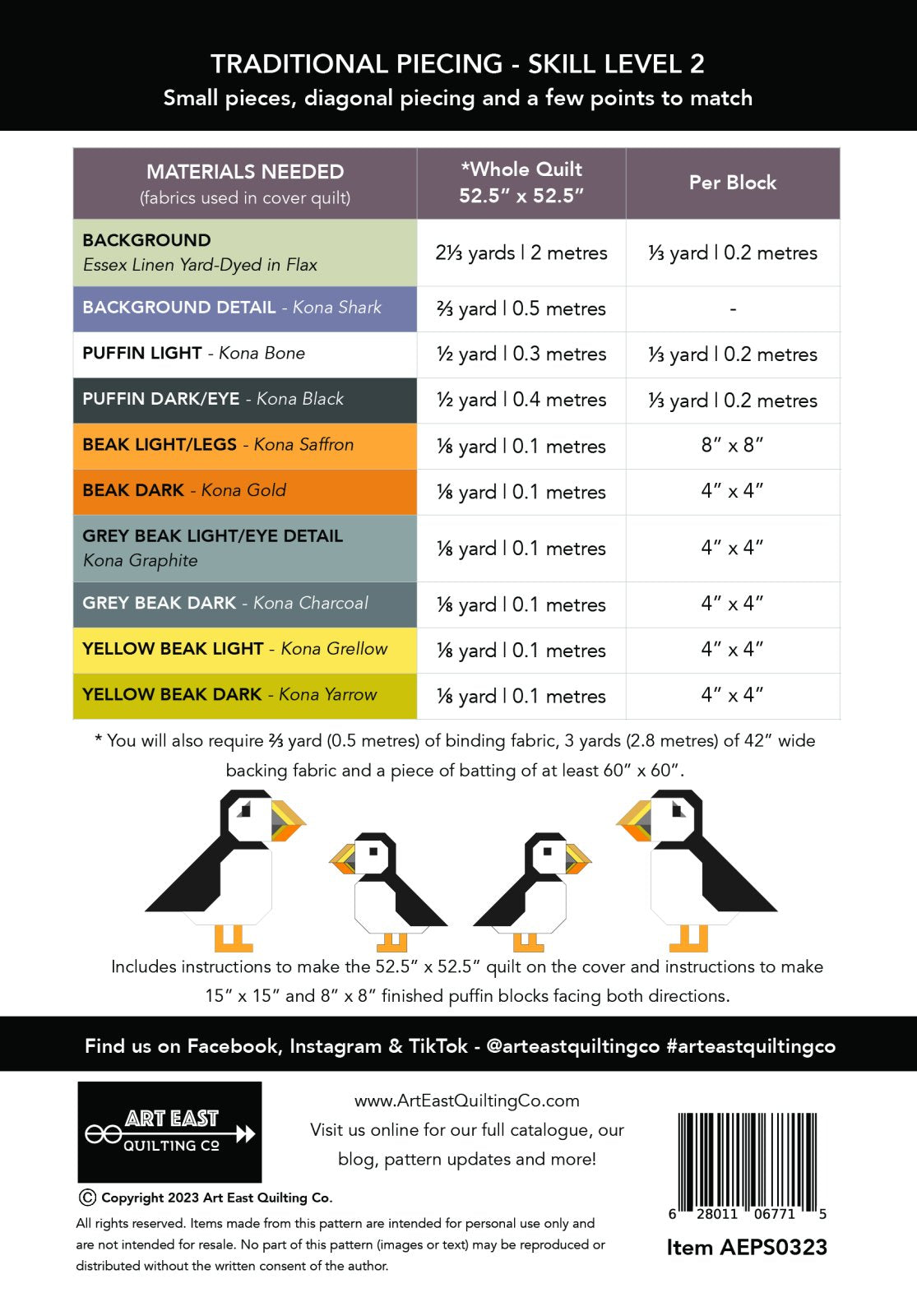 Art East Quilting Co - Puffin Star Pattern AEPS0323