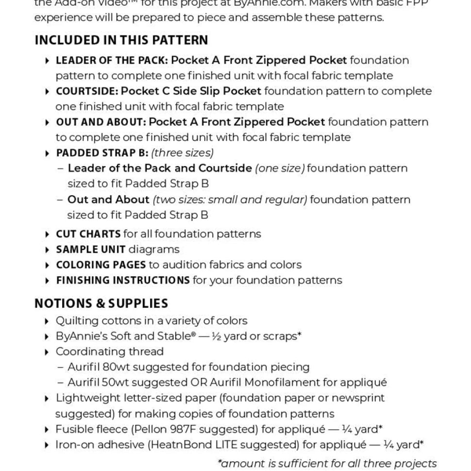 QUILTING ELSA - BYANNIE - Backpack Straps and Pockets, FPP Expansion Pack (for ByAnnie patterns) QE104