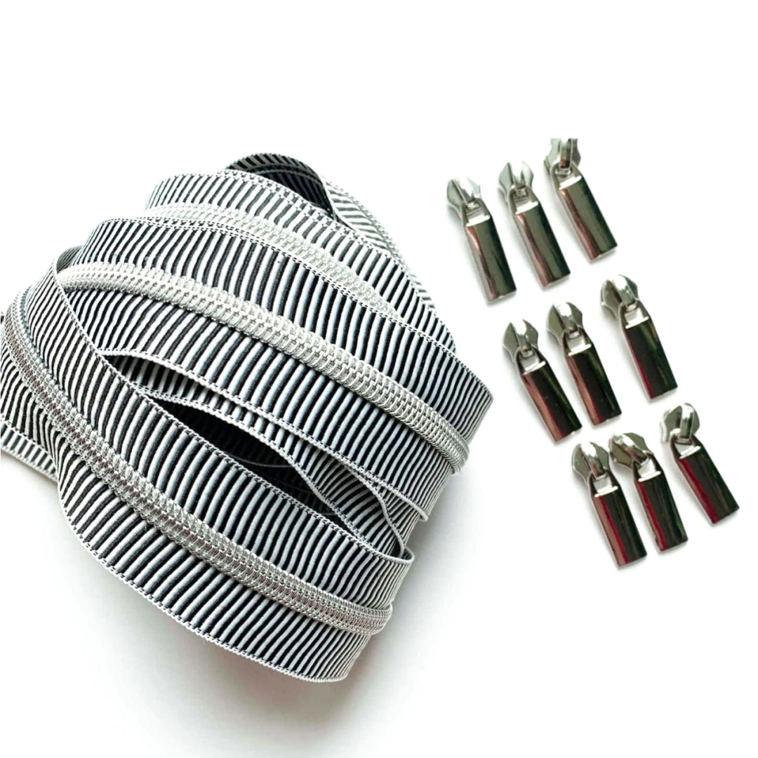 SHH-ZIPBWSTRIPE-1 SEW HUNGRYHIPPIE - ZIPPERS BY THE YARD - #5 Black and White Tiny Stripes Zipper Pack