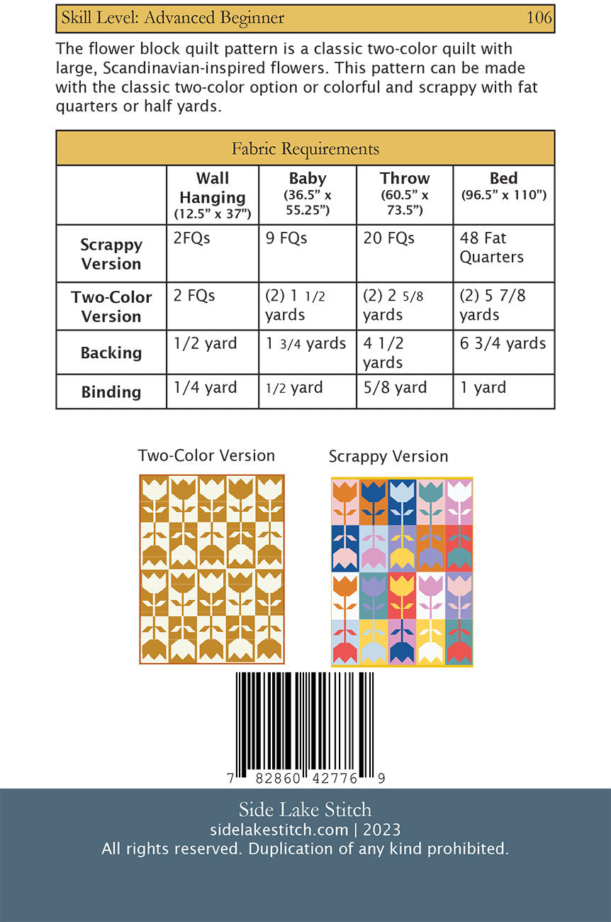 Side Lake Stitch - Flower Block Quilt Pattern SLS-106