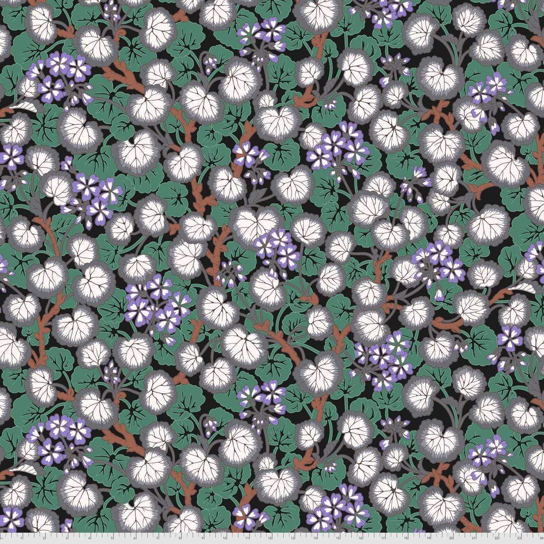 Artistic Quilts with Color Fabric Philip Jacobs for the Kaffe Fassett Collective AUGUST 2021 Climbing Geraniums - Black SKU# PWPJ110.BLACK SHIPPING SEPTEMBER 2021