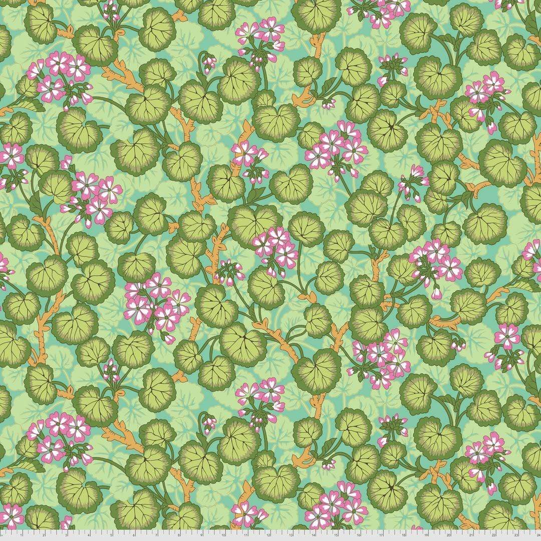 Artistic Quilts with Color Fabric Philip Jacobs for the Kaffe Fassett Collective AUGUST 2021 Climbing Geraniums - GREEN SKU# PWPJ110.GREEN SHIPPING SEPTEMBER 2021