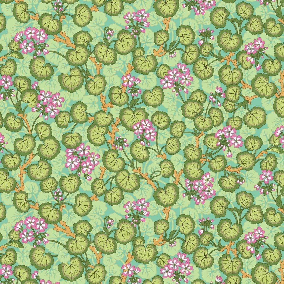 Artistic Quilts with Color Fabric Philip Jacobs for the Kaffe Fassett Collective AUGUST 2021 Climbing Geraniums - GREEN SKU# PWPJ110.GREEN SHIPPING SEPTEMBER 2021