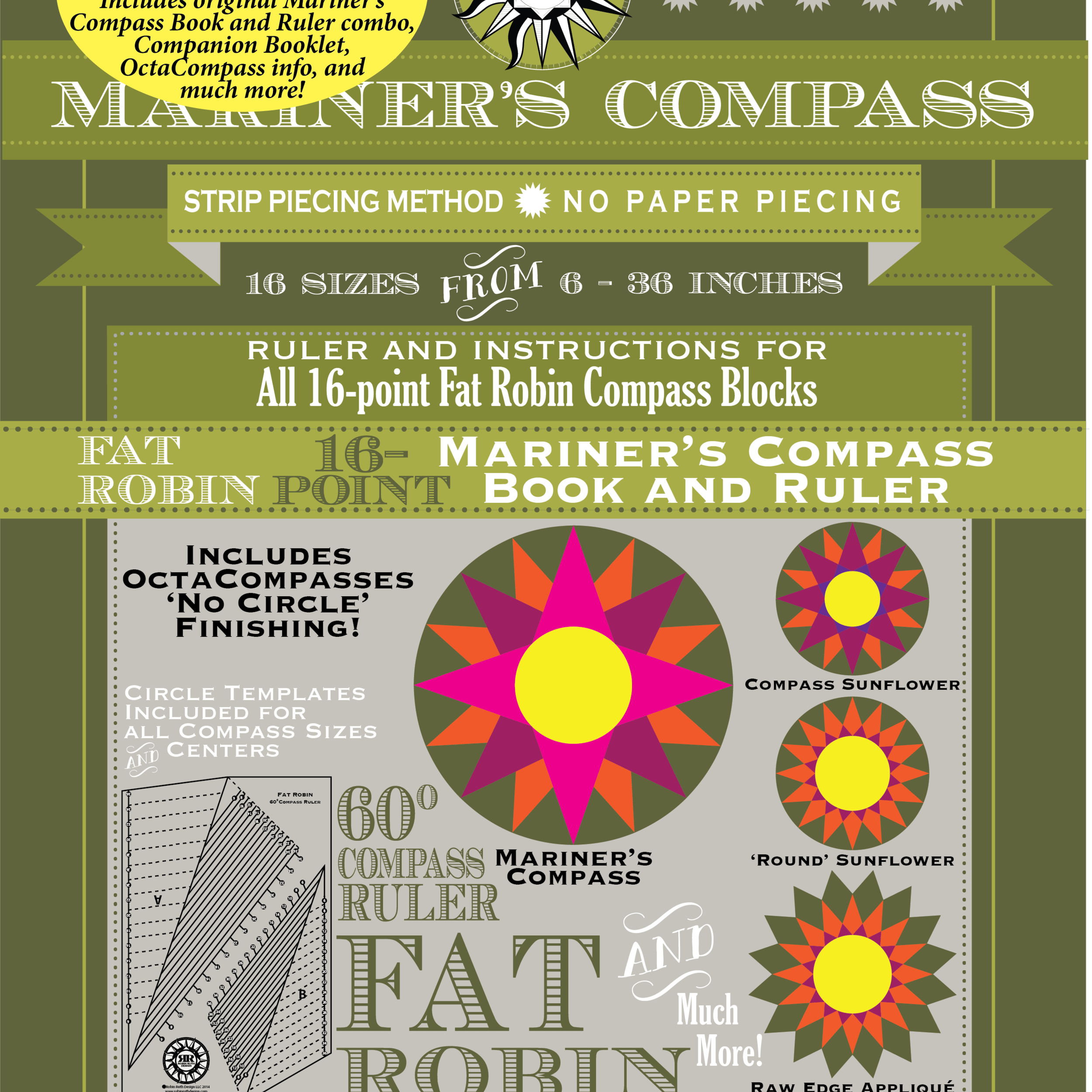 Artistic Quilts with Color FAT ROBIN 16-POINT MARINER'S COMPASS BOOK AND RULER COMBO