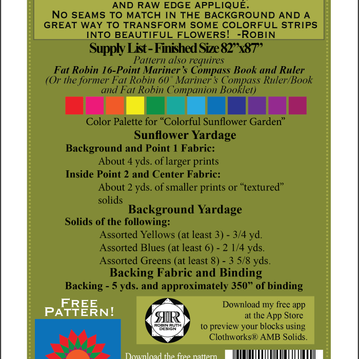 Artistic Quilts with Color template ROBIN RUTH - COLORFUL SUNFLOWER GARDEN PATTERN
