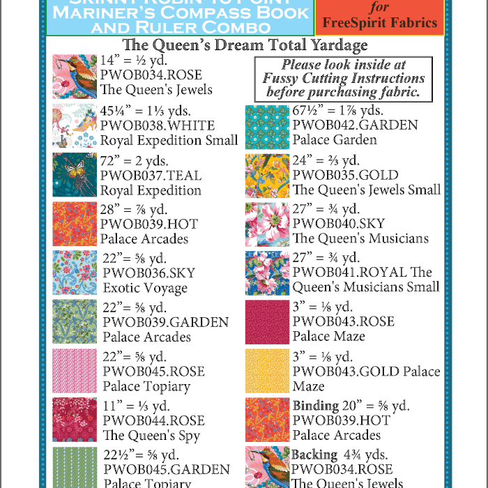 Artistic Quilts with Color template THE QUEEN'S DREAM Skinny Robin 16-Point Mariner’s Compass Book and Ruler combo