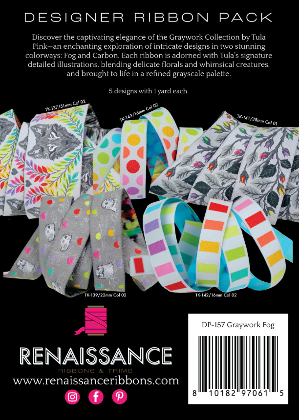 RENAISSANCE RIBBONS - Tula Pink - Graywork, Designer Pack DP-157 Graywork Fog