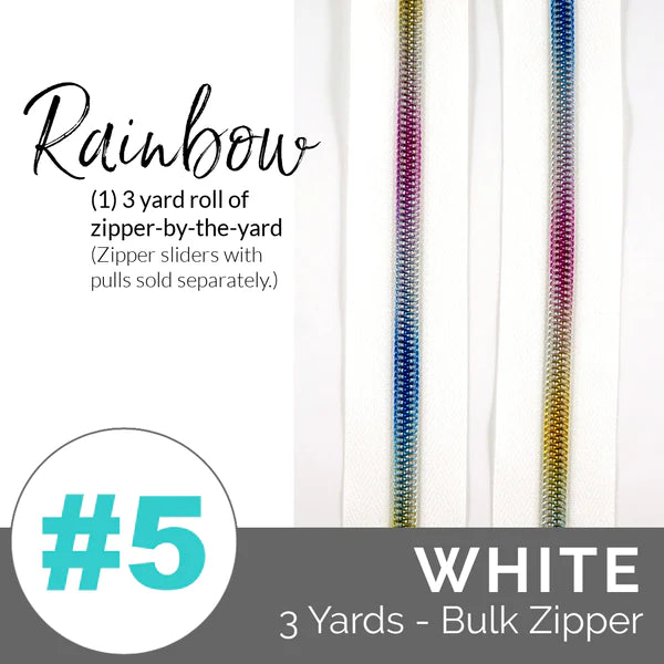 EMMALINE ZIPPERS - SIZE #5 - WHITE, RAINBOW COIL