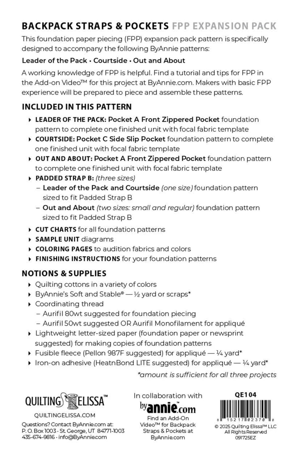 QUILTING ELSA - BYANNIE - Backpack Straps and Pockets, FPP Expansion Pack (for ByAnnie patterns) QE104