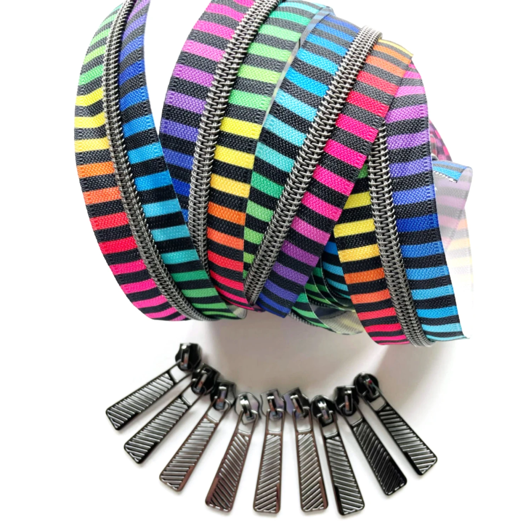 SHH-ZIP5EACOLOR SEW HUNGRYHIPPIE - ZIPPERS BY THE YARD - #5 Color Stripes Gunmetal Zipper Pack