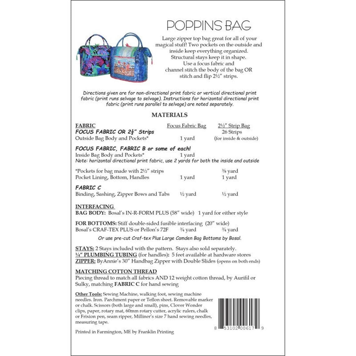 Aunties Two - Poppins Bag Pattern with 2 metal stays