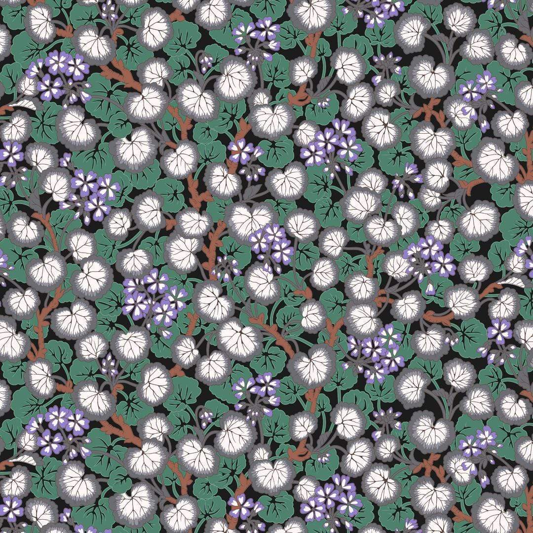 Artistic Quilts with Color Fabric Philip Jacobs for the Kaffe Fassett Collective AUGUST 2021 Climbing Geraniums - Black SKU# PWPJ110.BLACK SHIPPING SEPTEMBER 2021