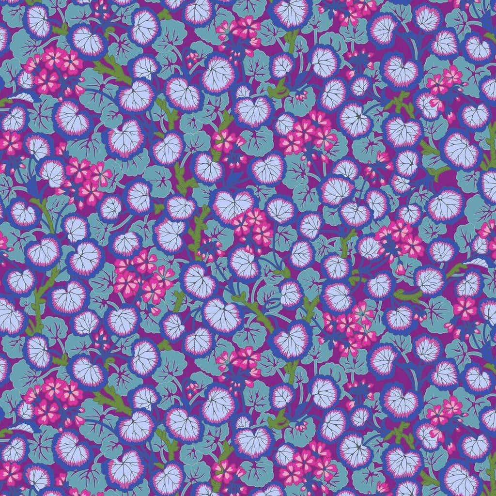 Artistic Quilts with Color Fabric Philip Jacobs for the Kaffe Fassett Collective AUGUST 2021 Climbing Geraniums - PURPLE SKU# PWPJ110.PURPLE SHIPPING SEPTEMBER 2021