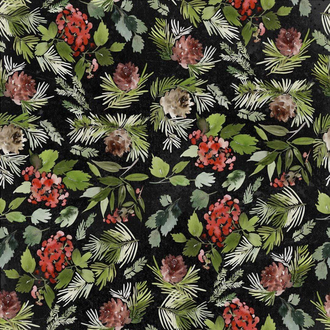Artistic Quilts with Color Fabric Tim Holtz  Eclectic Elements Christmastime - EVERGREEN FLORAL SKU# PWTH162.BLACK SHIPPING JUNE 2021