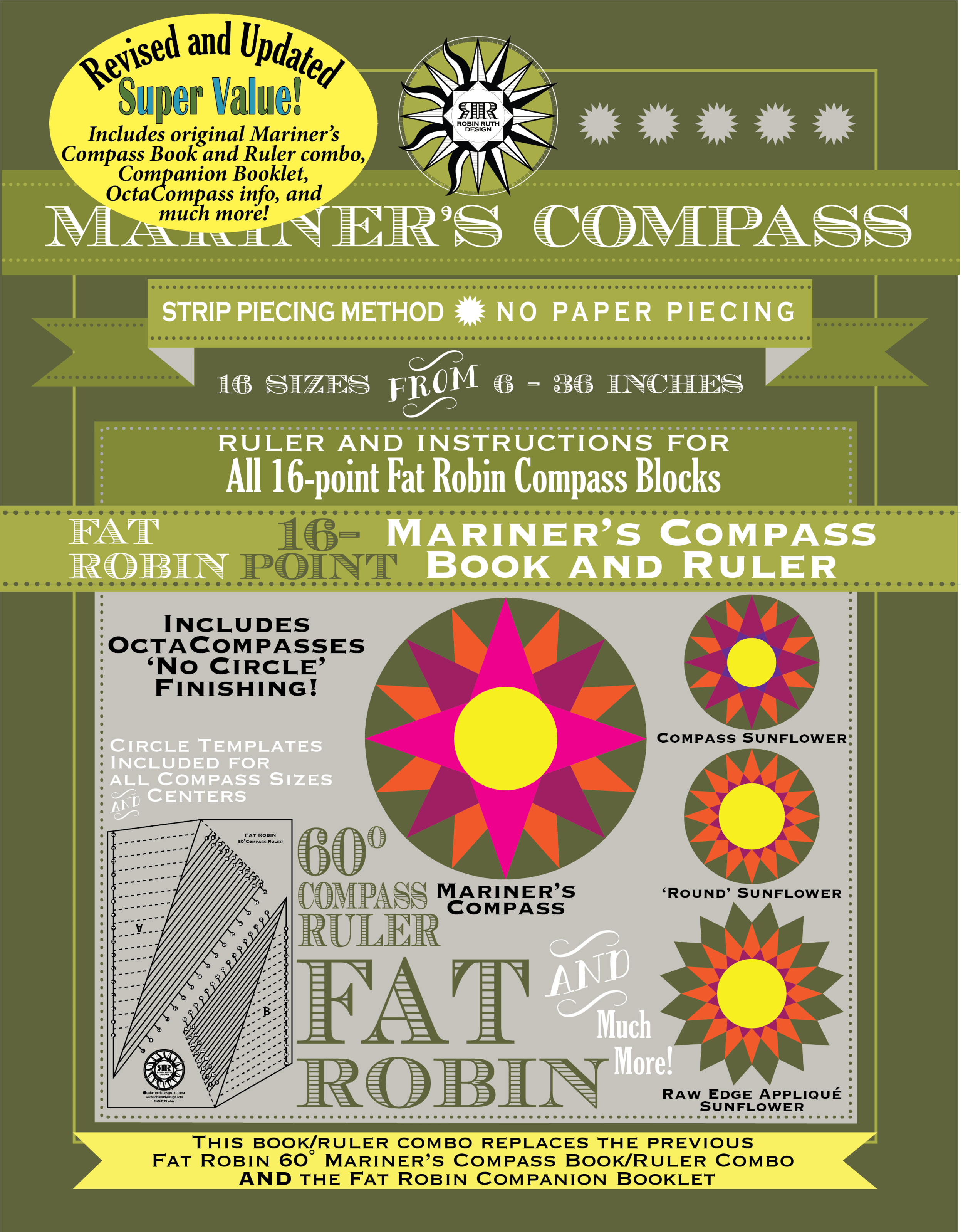 Artistic Quilts with Color FAT ROBIN 16-POINT MARINER'S COMPASS BOOK AND RULER COMBO
