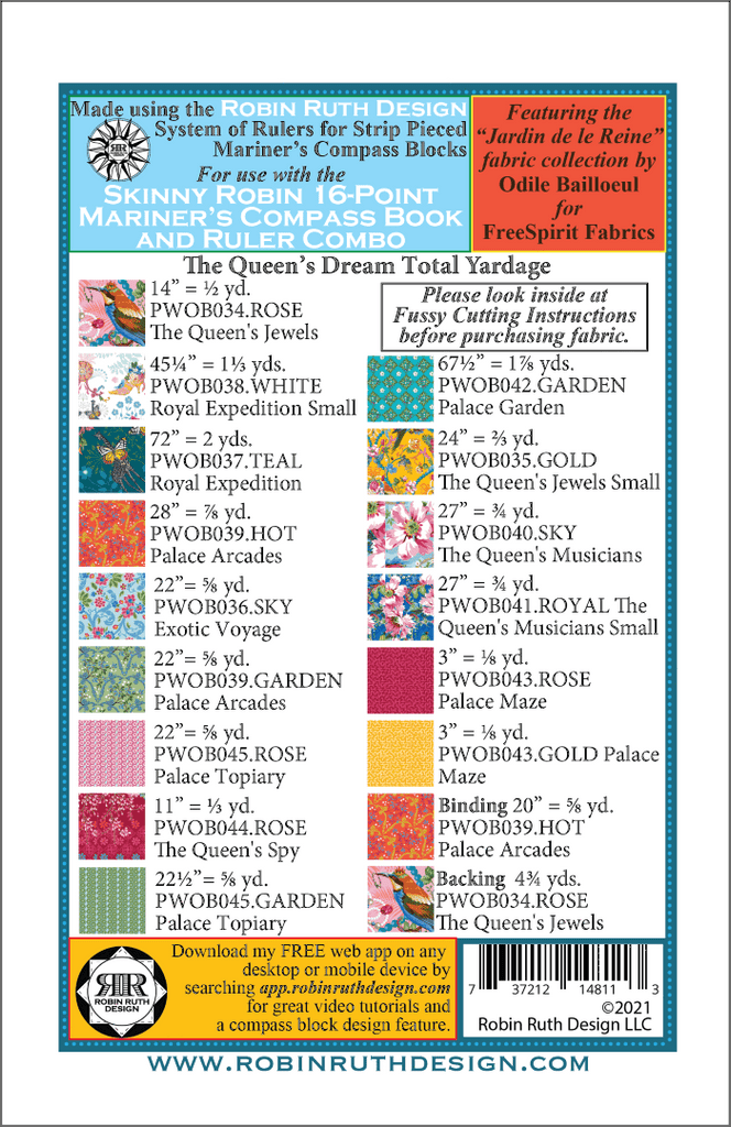 Artistic Quilts with Color template THE QUEEN'S DREAM Skinny Robin 16-Point Mariner’s Compass Book and Ruler combo