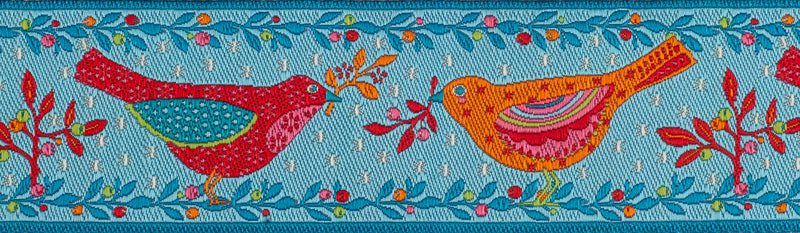 RENAISSANCE RIBBONS - ODILE BAILLOEUL RED AND ORANGE BIRDS ON BLUE - Artistic Quilts with Color