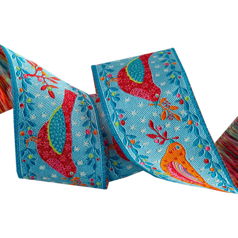 RENAISSANCE RIBBONS - ODILE BAILLOEUL RED AND ORANGE BIRDS ON BLUE - Artistic Quilts with Color
